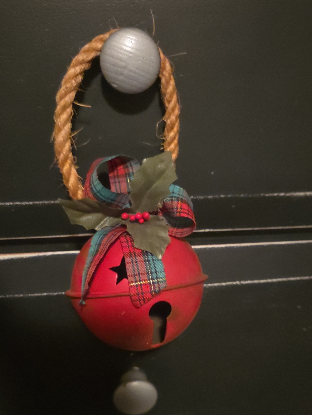 Vintage Red Holiday Jingle Bell Ornament with Plaid Bow